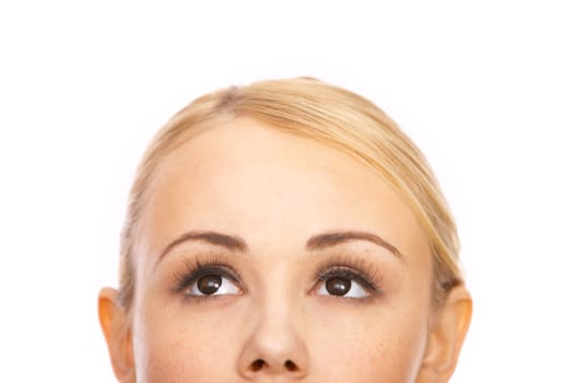 Part of face of cute blond woman, isolated on white