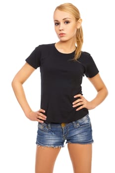 Portrait of a nice looking girl wearing shorts, on white