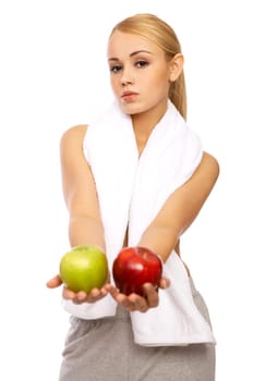 Portfait of Sporty beautiful girl holding two apples