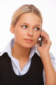 Young business woman is talking by cell phone