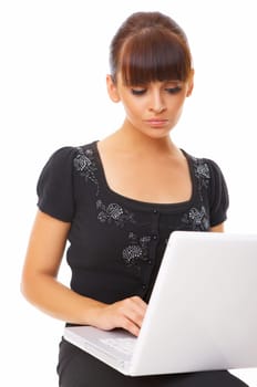 Portrait of young beautiful business woman working on computer