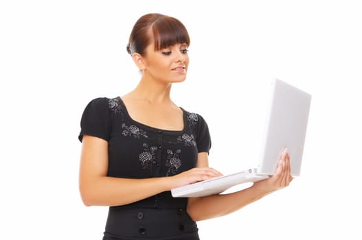 Portrait of young beautiful business woman working on computer