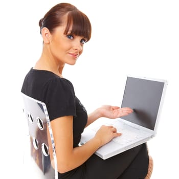 Portrait of young beautiful business woman working on computer