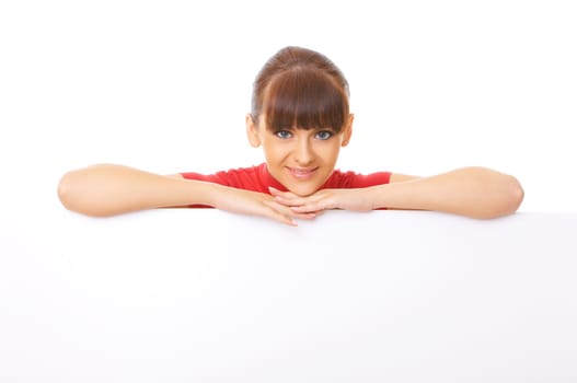 Beautiful business woman holding empty white board