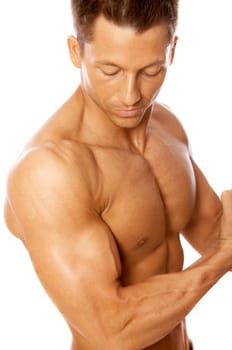 Muscular and tanned male isolated on white