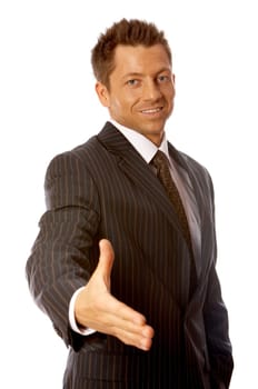 Handsome Businessman with welcome hand gesture