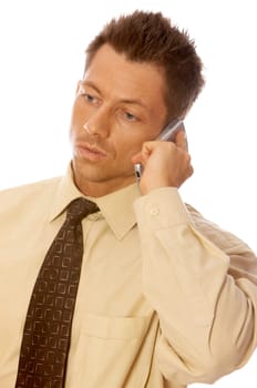 Portrait of handsome businessman is talking cell phone