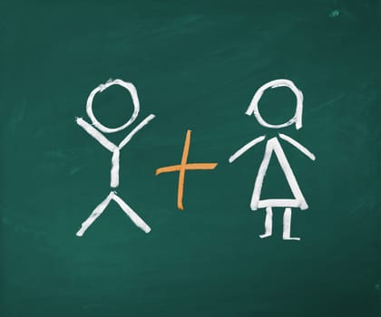 An illustrated patchwork family in chalk on a chalkboard. A man, and a woman with two childs find a new partner