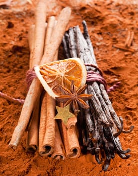 Bundle cinnamon and a bunch of vanilla beans with dried orange fruits on a brown cacao background