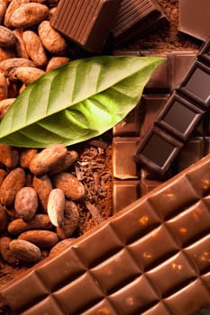 Different bars of chocolate on powdered cocoa.