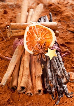 Bundle cinnamon and a bunch of vanilla beans with dried orange fruits on a brown cacao background. With a golden star and anise.