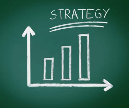 Strategy Bar Graph, handdrawn geometric bar graph showing a steady increase over three bars and the word strategy, conceptual of a successful strategy in business.