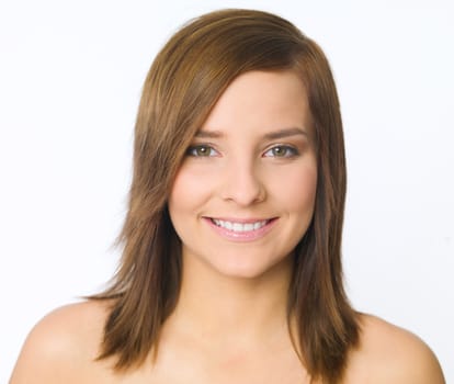 Portrait of beautiful young woman on white background