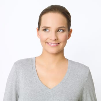Portrait of beautiful young woman on white background