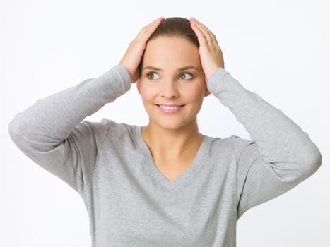 Portrait of beautiful young woman showing trouble gesture