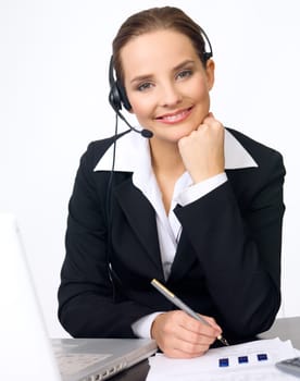 Portrait of beautiful and young business woman with headphones