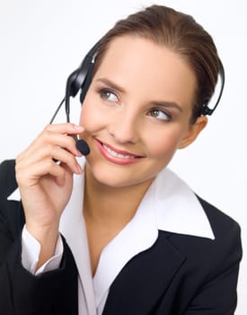 Portrait of beautiful and young business woman with headphones