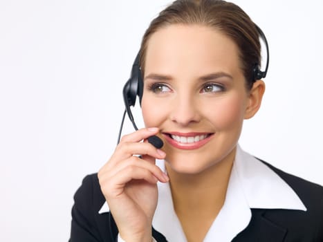 Portrait of beautiful and young business woman with headphones