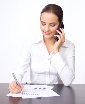 Portrait of beautiful and young business woman using cell phone