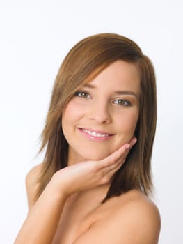 Portrait of beautiful young woman on white background