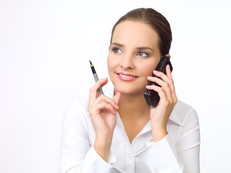 Portrait of beautiful and young business woman using cell phone
