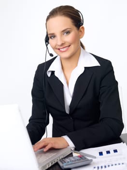 Portrait of beautiful and young business woman with headphones