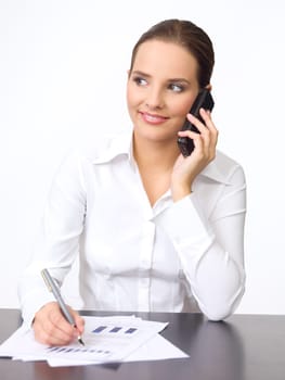 Portrait of beautiful and young business woman using cell phone