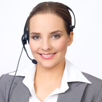 Portrait of beautiful and young business woman with headphones