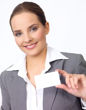 Portrait of beautiful and young business woman holding empty card