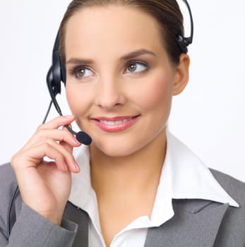 Portrait of beautiful and young business woman with headphones