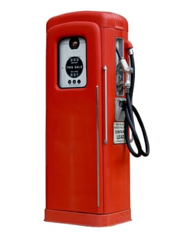 Isolation of old red petrol gasoline pump with 25c gas on dials