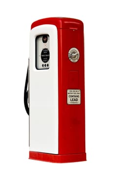Isolation of old red and white petrol gasoline pump with 25c gas on dials