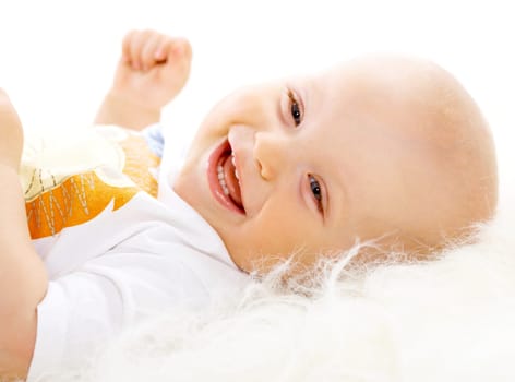 Portrait of sweet little baby boy on white background