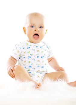 Portrait of sweet little baby boy on white background