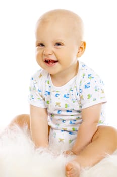 Portrait of sweet little baby boy on white background