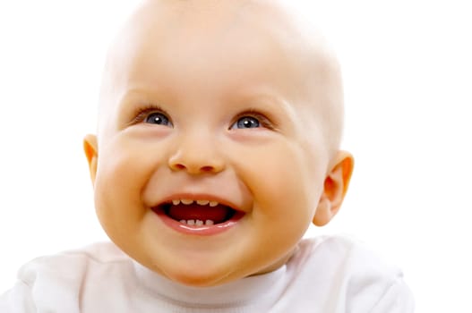 Portrait of sweet little baby boy on white background