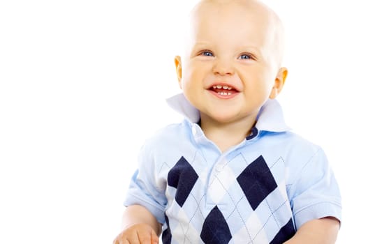 Portrait of sweet little baby boy on white background