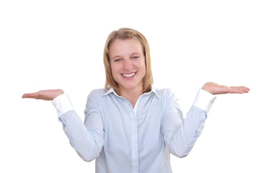 Young attractive woman innocently openly stretching her hands from body