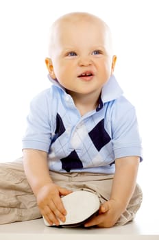 Portrait of sweet little baby boy on white background