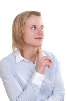 Young blonde woman thoughtfully resting her head with her index finger