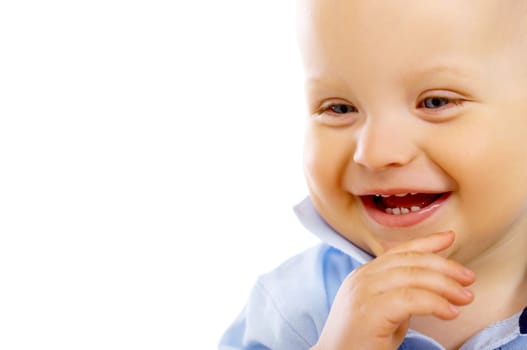 Portrait of sweet little baby boy on white background
