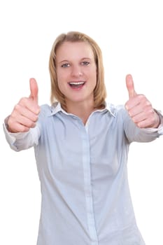 Young attractive woman holding both thumbs up against white background