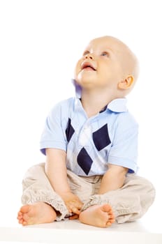 Portrait of sweet little baby boy on white background