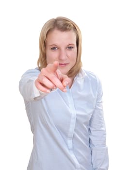 Young blonde woman pointing with finger