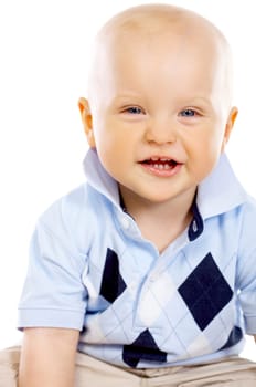 Portrait of sweet little baby boy on white background
