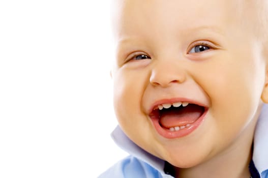 Portrait of sweet little baby boy on white background