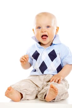 Portrait of sweet little baby boy on white background