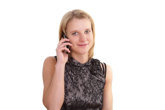 Young modern businesswoman using a smartphone talking on the phone against white background