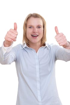Young attractive woman holding both thumbs up against white background