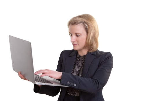 Young businesswoman standing with a notebook on her hand against white background